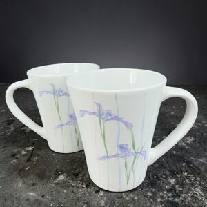 Corelle Coordinates Iris Stoneware Mugs Set Purple Floral White Tapered Cup‎ Mug